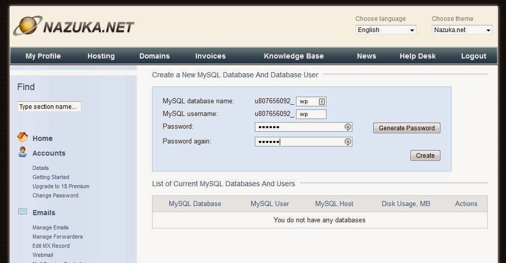 membuat database user dan password